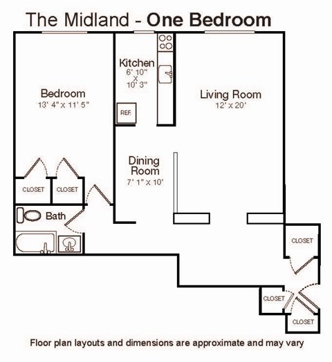 Floor plan for 1 bed, 1 bath